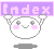 Pixelated character with white body, pink cheeks, and gray outline holds purple banner reading 'index' above its head against gray background.