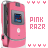 Pixelated pink flip phone icon with gray accents, blue screen displaying abstract shapes, white circular button below screen, surrounded by four small pink Y-shaped icons at top and bottom.