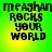 Green background with yellow gradient center displaying black pixelated text 'meaghan rocks your world' in four identical arranged in a