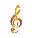 Animated sequence of golden-brown musical treble clefs in various sizes and orientations against a light gray background.