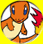 Three circular icons on a yellow background: orange Charizard with blue eyes, red tail flame; yellow Pikachu with red cheeks and black-tipped ears; gray Poliwrath with spiral patterned belly.