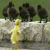 A split-frame animated contact sheet showing a yellow stick figure running toward three dark birds on a stone wall, with bold yellow text reading "Dare To Be Different" on the right side.