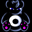 identical cartoon figures with white circular faces, red tops, purple dots, and blue outlines on black background