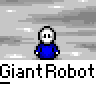 Animated contact sheet showing 25 sampled frames of a giant robot buddy icon with blue humanoid figures and gray mechanical robots in urban background, displaying sequential animation states from idle to combat action.