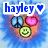 six identical pixelated icons showing 'hayley' text with a heart, peace sign, and smiley face on a blue background