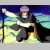 Pixelated figure in dark clothing holding a glowing object against a gradient background with blue, green, and yellow tones.