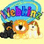 Pixelated cartoon animals and a 'Webkinz' logo on a yellow background with a blue cloud shape.