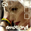 A woman with blonde hair and red lipstick holds a microphone, her hand near her face; text reads "So... emotional" in white script.