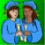 A 2x2 contact sheet of a small animated icon showing two figures in blue graduation gowns holding a trophy, with text and geometric shapes on separate frames.