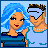 Pixelated cartoon of two figures with blue hair and a blue top, standing side-by-side with one figure's arm around the other's shoulder, against a light blue background with repeated text.