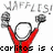 Pixelated red figure with raised arms holds two gray objects, text above reads 'WAFFLES!', text below reads 'carlitos is ( waffle'