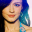 Pixelated close-up of a person with blue hair, light skin, and red lips wearing a black choker necklace.