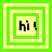 Four square display a pixelated 'hi!' text with green and yellow borders, showing animation changes in border thickness and background color across frames