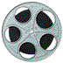 Five circular film reels with light blue metallic borders and black sprocket holes, arranged in a on white background