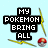 Pixelated text blocks and Poké Ball icons on light blue background with yellow lines.