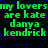 Green text on black background with blue dots, repeating 'my lovers are kate danya kendrick' in two