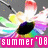 Pixelated icon with colorful abstract shapes surrounding a central black oval, pink banner reading 'summer'08' at bottom.