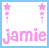Six display a static image of 'jamie' with pink stars above, showing sequential pixel changes in the text and star symbols