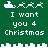 Green background with white pixelated text and icons showing "I want you 4 Christmas" and reindeer-sleigh motifs in two