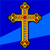 A golden cross with red and green gem accents on a blue background, showing six distinct variations of gem placement across a