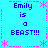 A static pixel art image with a bright cyan background displaying four identical text blocks arranged in a , each reading "Emily is a BEAST!!!" in blue and pink pixels