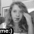 A grayscale animated icon shows a woman with long wavy hair in a sleeveless top, her right hand near her face, with text 'me:)' in the bottom-left corner.
