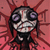 Pixelated cartoon character with large purple eyes and a grimacing expression, wearing dark clothing against red background.