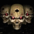 Three identical pixelated skull icons with red eyes and a central hole, arranged in a on a black background