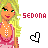 Pixelated character with blonde hair and green eyes, wearing a pink dress with white dots, standing beside red text 'sedona' and heart symbols.