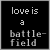 Two side-by-side animated frames of a pixelated text-based buddy icon with black background and white text, showing sequential animation where the bottom line changes from 'battle-field' to empty space.