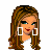 Pixel art buddy icon featuring a cartoon woman with long brown hair, blue eyes, and red lips wearing white top, large square earrings, gray skirt, and orange strappy sandals on white background.