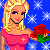 Pixelated blonde woman in pink dress holding red roses against blue starry background with text "I Love You!" below.