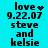 Pixelated text on cyan background shows 'love' with heart symbol, date '9.22.07', and names 'steve and kelsie' in four variations across observations.