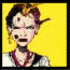 Pixelated character with dark hair, yellow headband, and red necklace against bright yellow background; four views show facial expression changes.