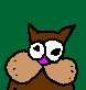 Pixelated cartoon owl with large white eyes, brown body, and pink beak against green background; second frame shows head removed by hammer.