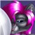 A pixelated character with dark skin wears a large pink hat with white highlights, set against a blurred background.