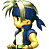 Pixelated character with spiky brown hair, blue headband, and blue outfit holding a yellow object, standing against white background.