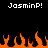 Pixelated text 'JasminP!' appears twice at the top of a black background above orange flame shapes.