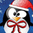 Pixelated penguin wearing Santa hat and red bow, standing against blue background with white snowflakes.