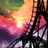 A pixelated sunset scene with a bright sun, pink and purple clouds, green foliage above, and dark silhouettes of trees below.