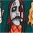 Pixelated static image of a cartoon character with skeletal face, long brown hair, and orange bow tie against dark teal background.