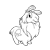 Pixelated grayscale image of a cartoonish creature with large eyes, rounded body, and curled tail on white background.