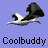 Animated contact sheet showing eight sequential frames of a black-and-white bird-like mascot in flight against a solid light purple background, with "Coolbuddy" text beneath each frame.