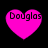 Four pink heart-shaped icons with the text "Douglas" displayed in black pixelated font against a solid black background.