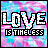 Pixelated text 'LOVE IS TIMELESS' on a pink and blue tie-dye background with black borders.