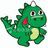 Pixelated green dragon with red cheek spot, yellow underbelly, and white horns on a transparent background.