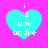 Cyan heart-shaped icon with white text on bright pink background, displaying 'i <3 you andre' in pixelated font.
