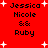 Red background with white starbursts and black text reading "Jessica Nicole && Ruby" in two identical vertical