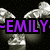 Pixelated image with purple text 'EMILY' on black background, surrounded by gray cloud-like shapes.