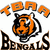 Pixelated tiger head logo with orange and black stripes, white background, arched 'TIGERS' text above, bold 'BENGALS' below in brownish-black letters.
